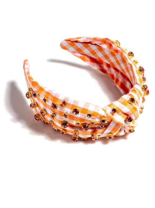 orange and white gingham knotted headband-front view