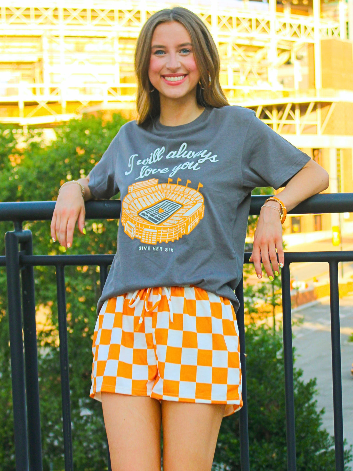 gameday orange and white gingham mini shorts
