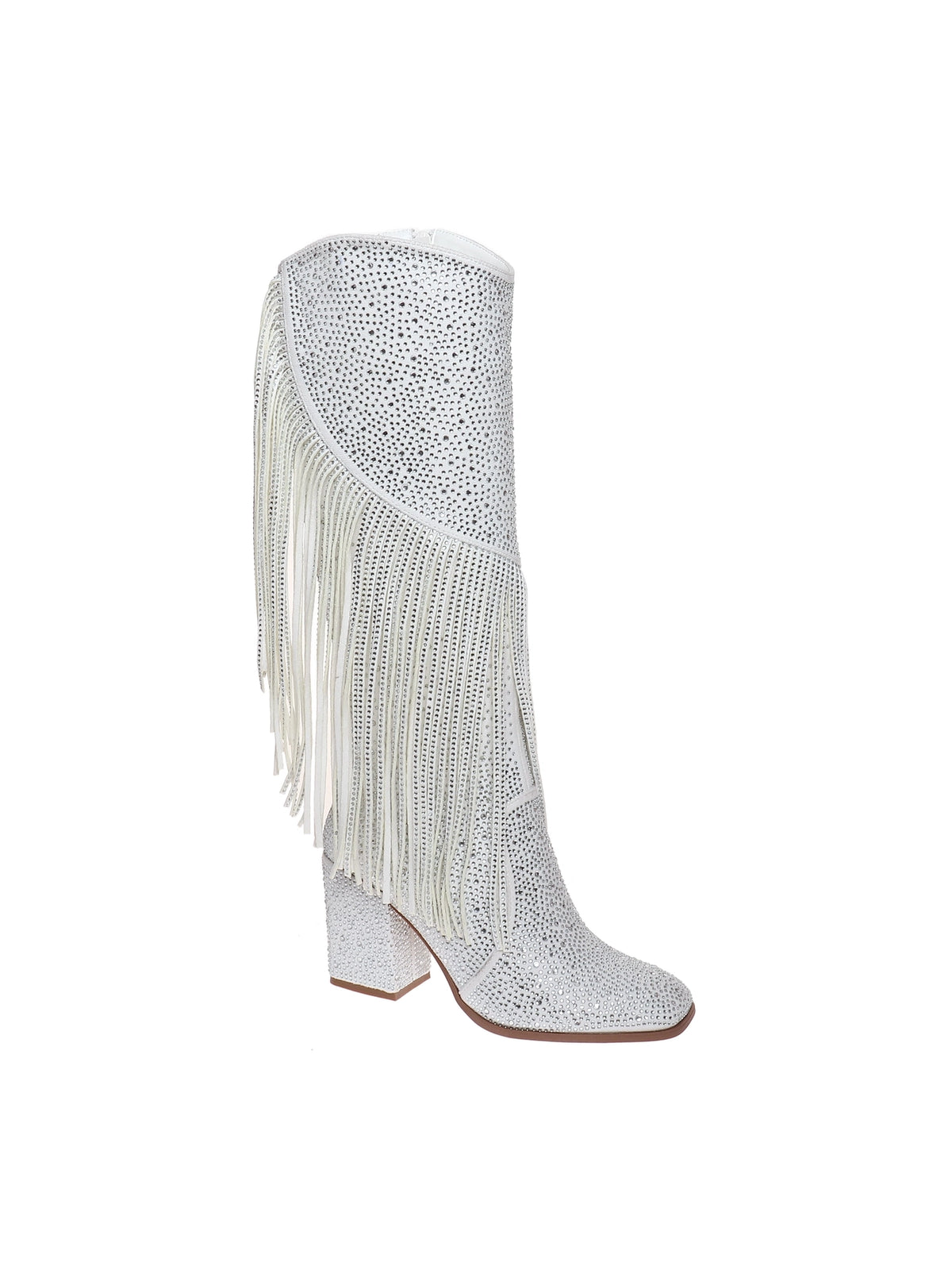 pierre dumas calma-3 tall glitter fringe rhinestone boots in white