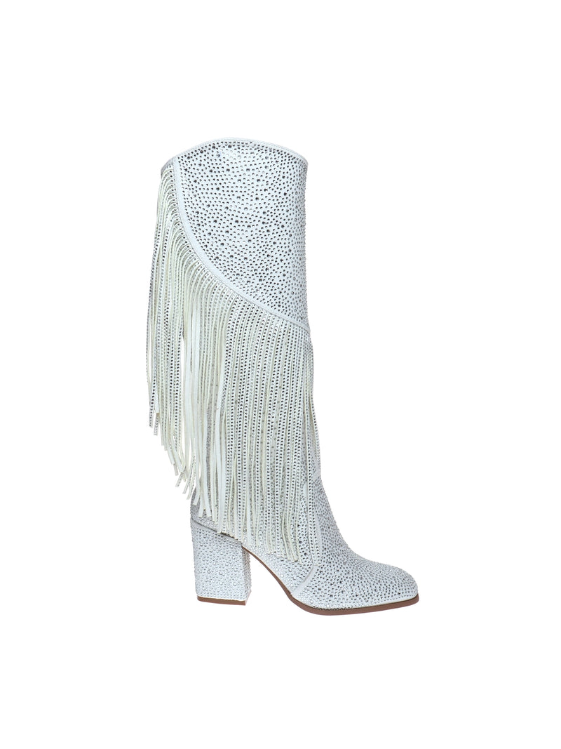 pierre dumas calma-3 tall glitter fringe rhinestone boots in white
