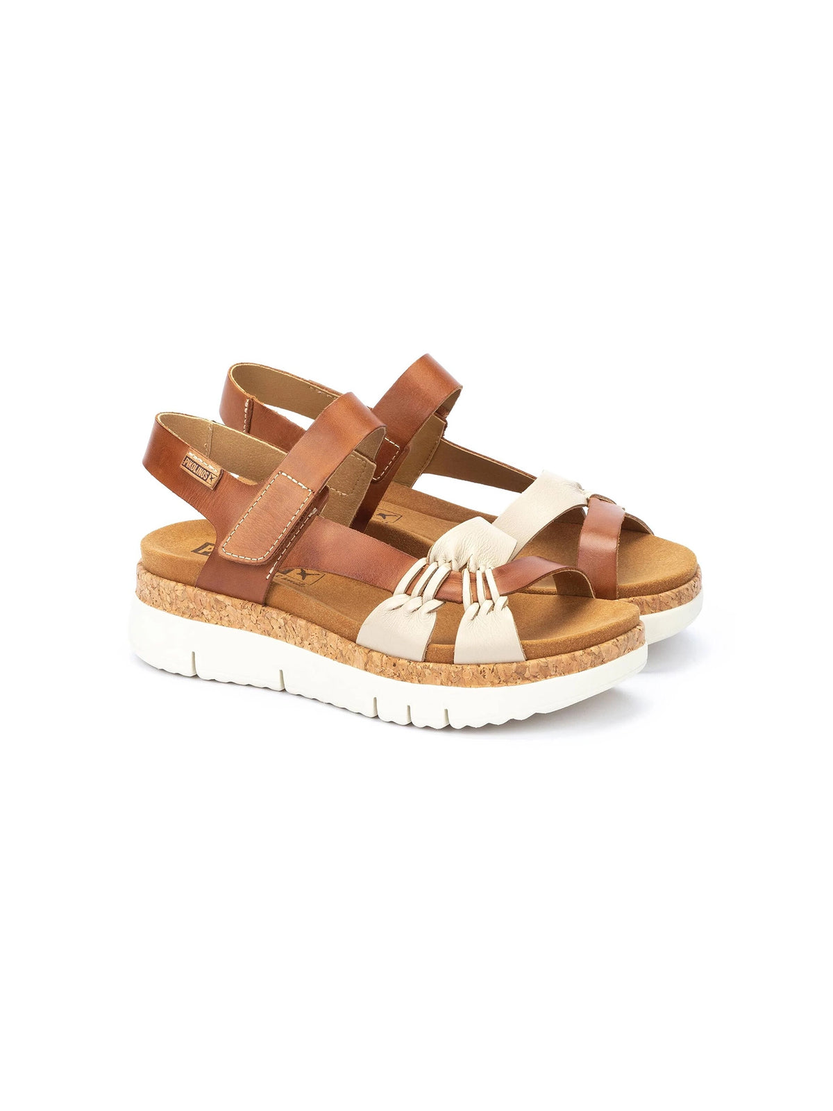 Pikolinos Palma 2-Tone Platform Leather Sandals Marfil-Bra Brown White