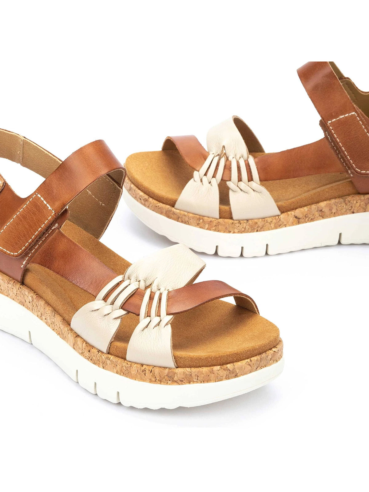 Pikolinos Palma 2-Tone Platform Leather Sandals Marfil-Bra Brown White