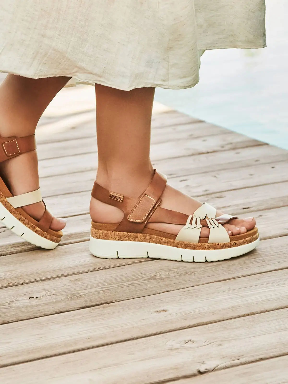 Pikolinos Palma 2-Tone Platform Leather Sandals Marfil-Bra Brown White