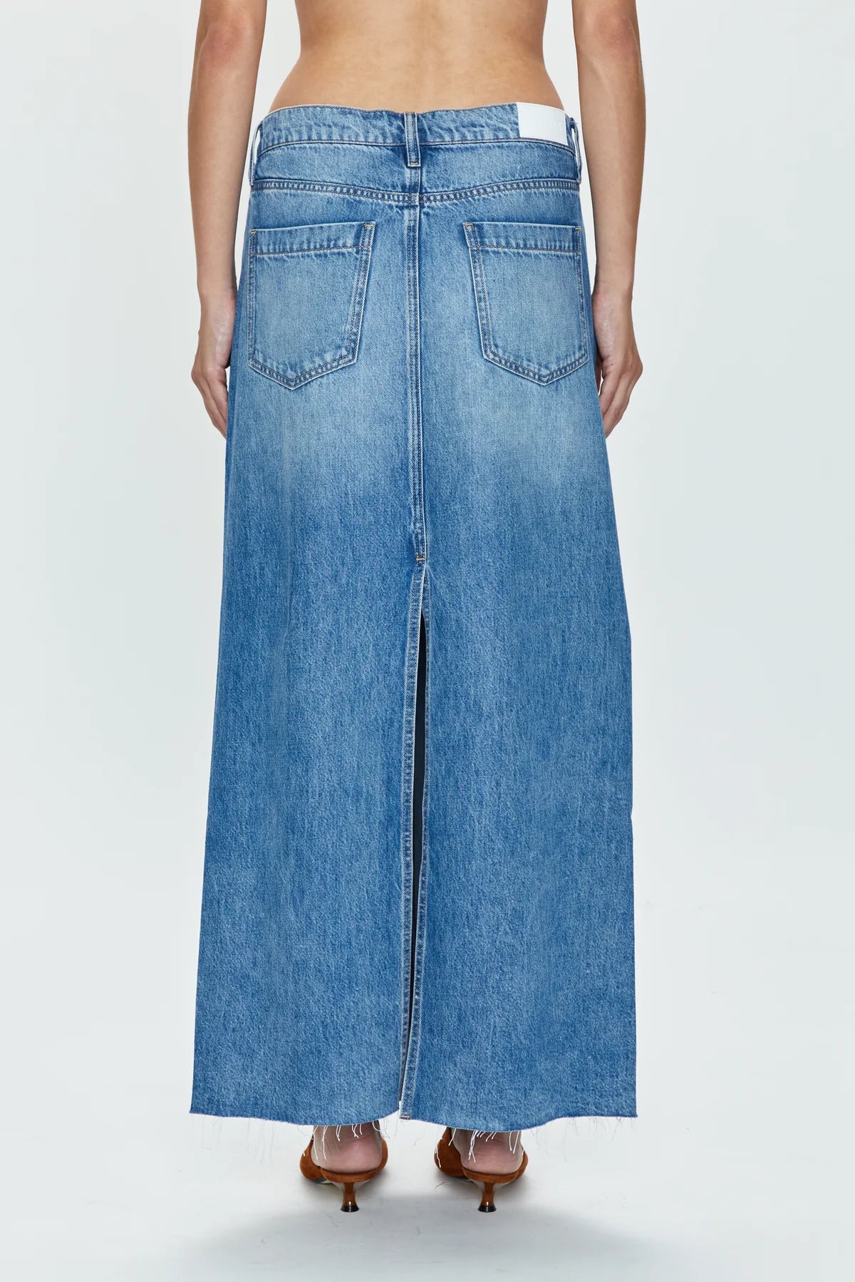pistola raye low slung denim maxi skirt in high noon wash