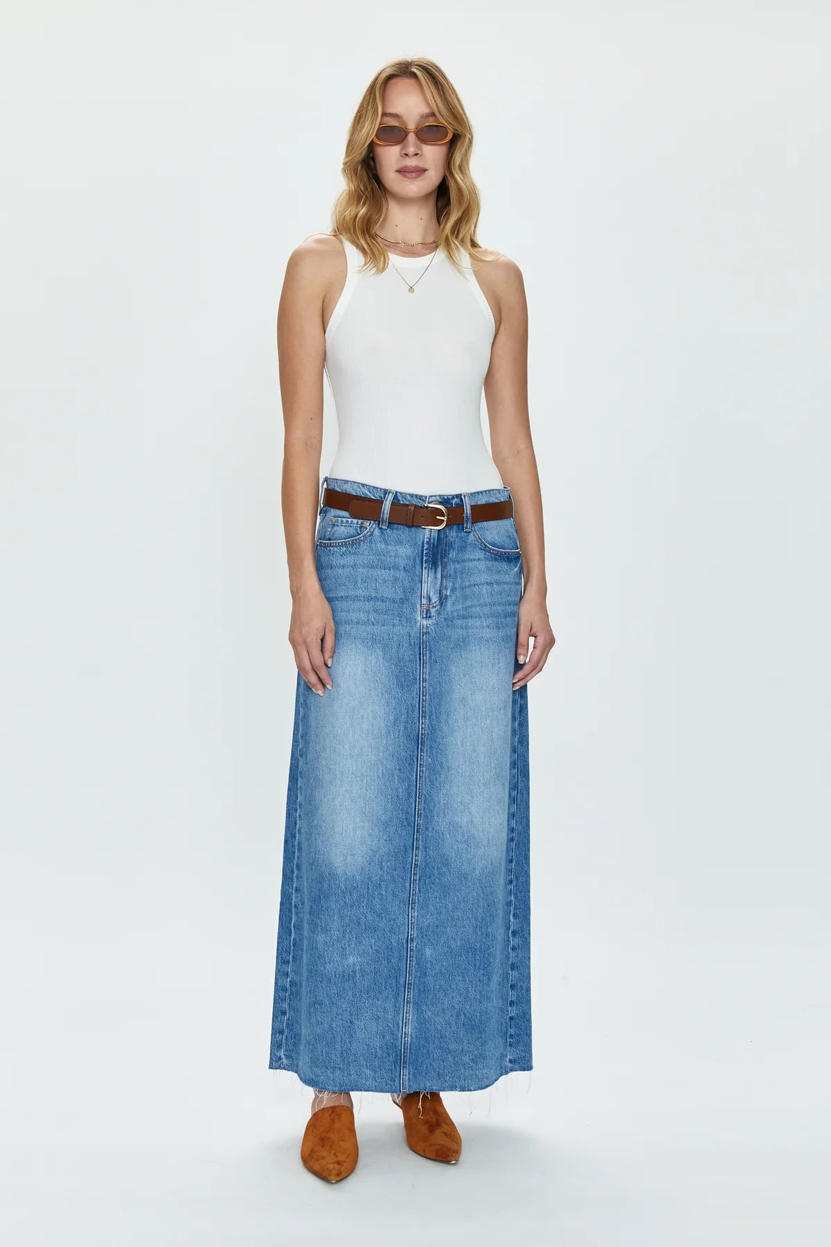 pistola raye low slung denim maxi skirt in high noon wash