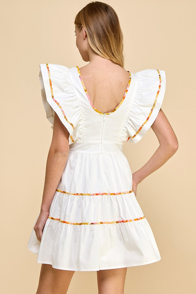 poplin ruffle sleeve tiered dress white dress with detailed stitching -back  view