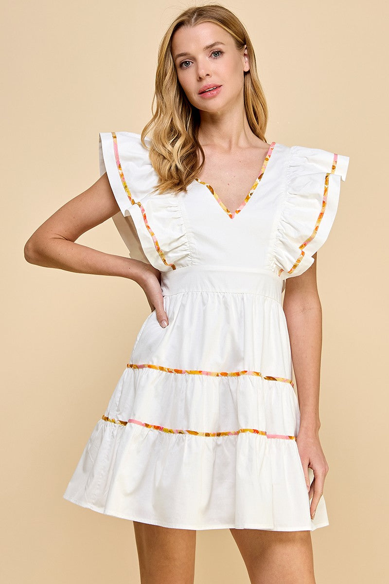 poplin ruffle sleeve tiered dress white dress with detailed stitching -front view