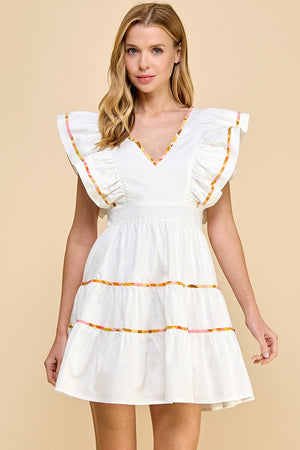 poplin ruffle sleeve tiered dress white dress with detailed stitching -front view