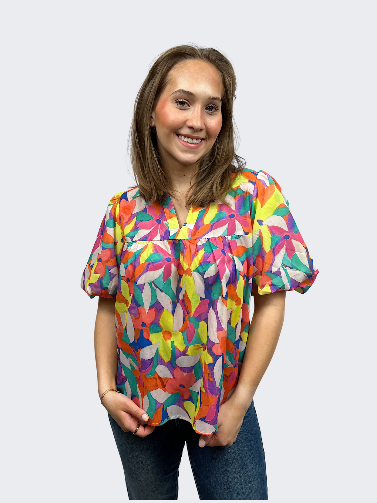 puff sleeve floral flower print top with v neck and colorful print front view