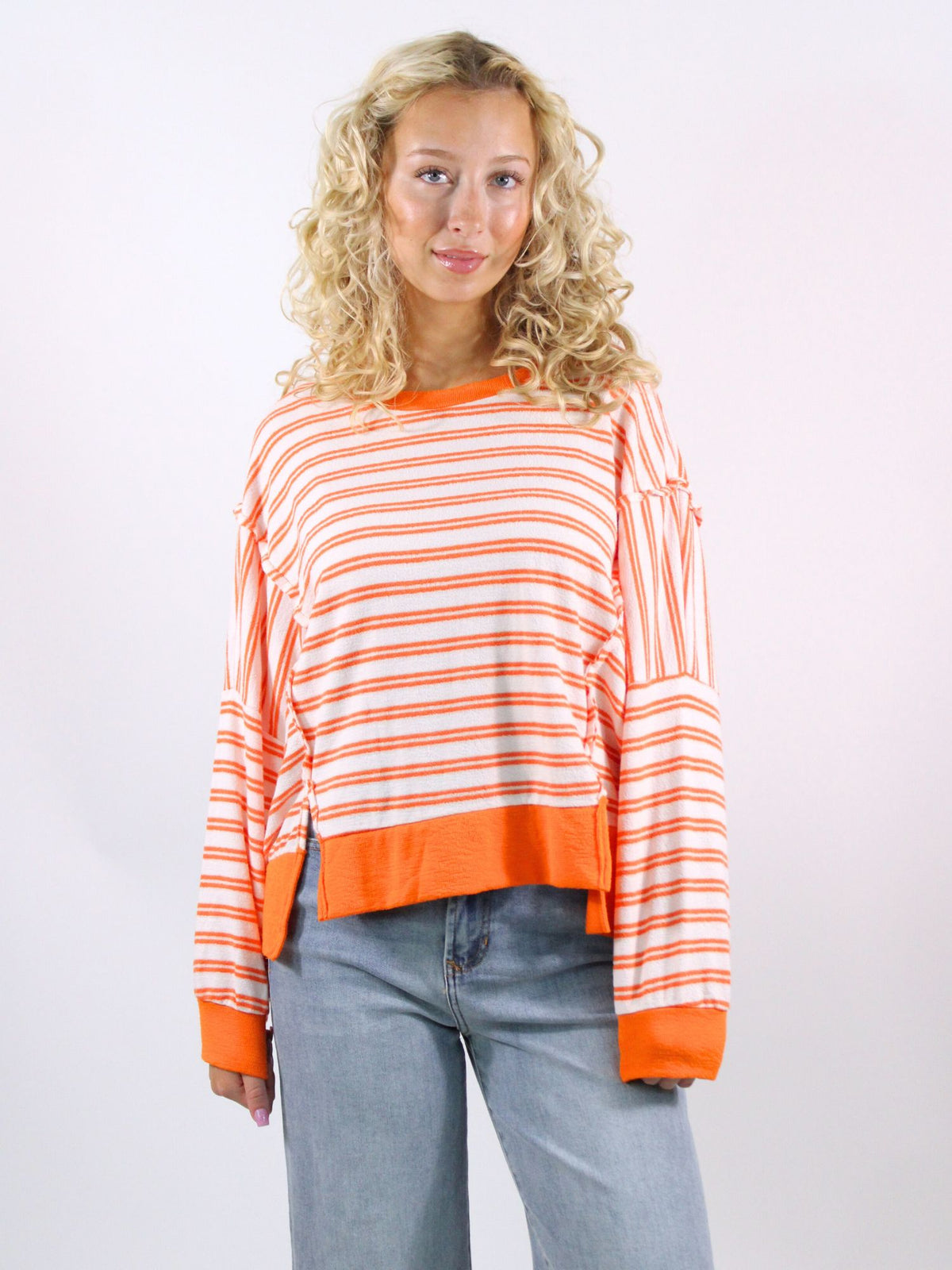 raw edge striped top orange and white stripe