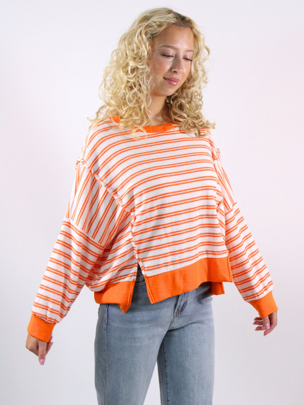 raw edge striped top orange and white stripe