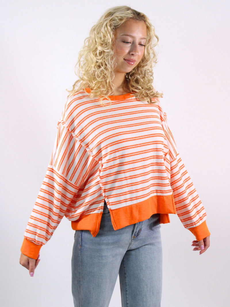 raw edge striped top orange and white stripe