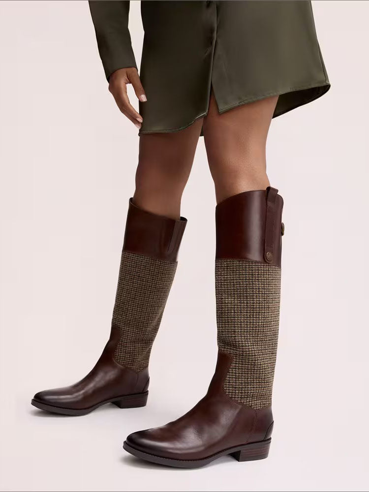 Sam Edelman Penny Leather Riding Boot Brown Plaid Fabric Brown Leather