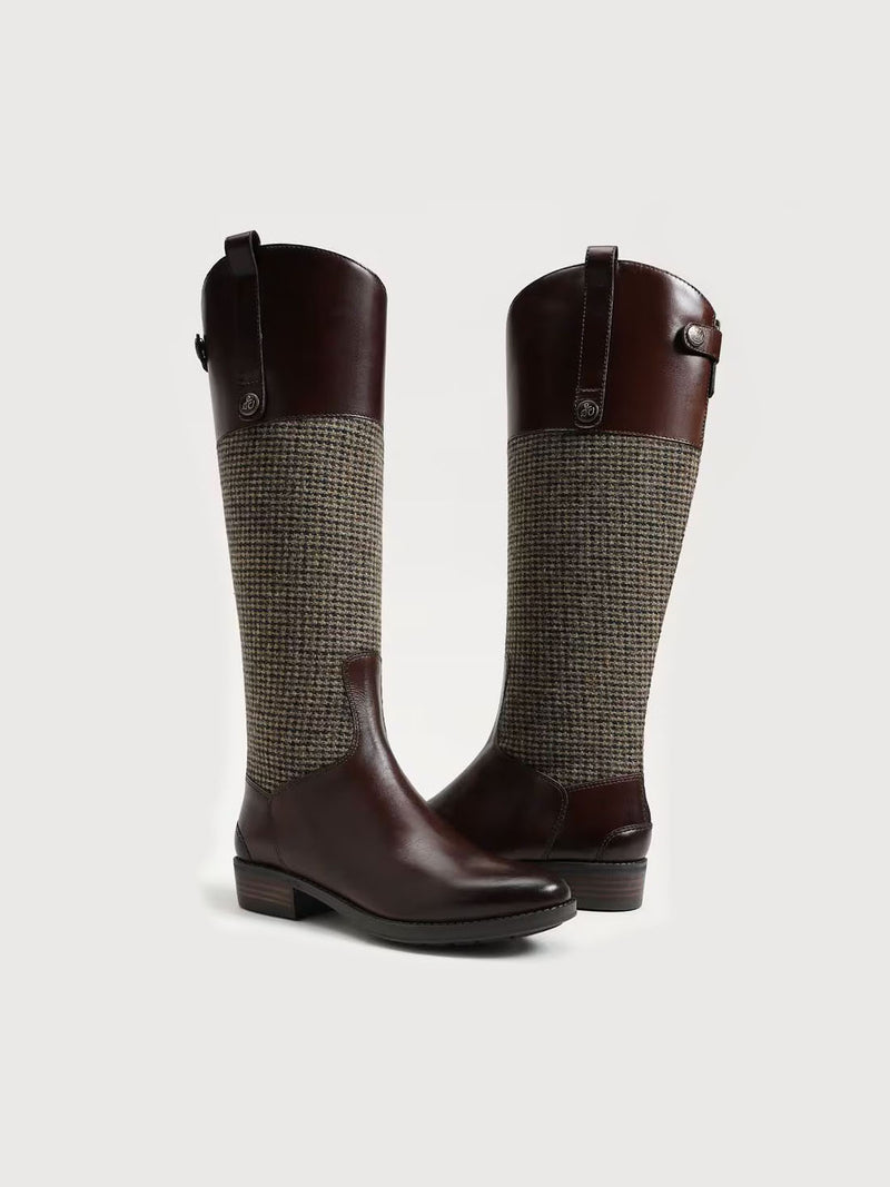 Sam Edelman Penny Leather Riding Boot Brown Plaid Fabric Brown Leather