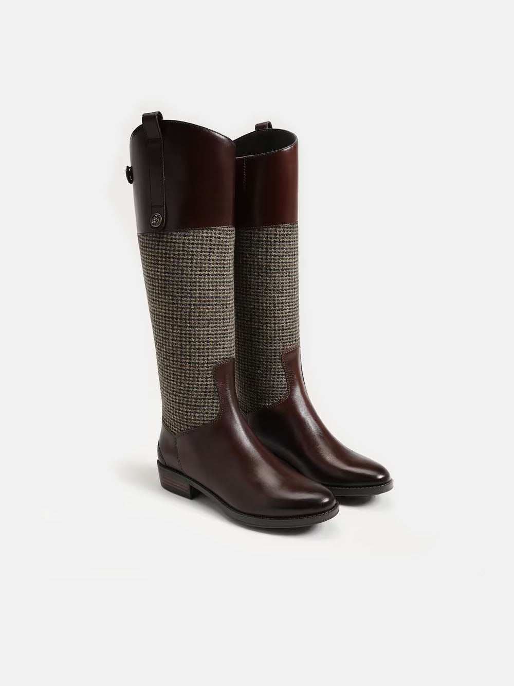 Sam Edelman Penny Leather Riding Boot Brown Plaid Fabric Brown Leather