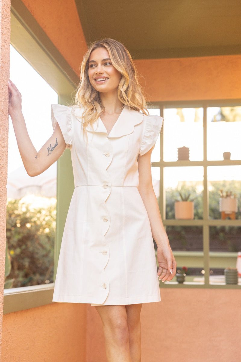 scallop collar button front canvas dress in ivory-front