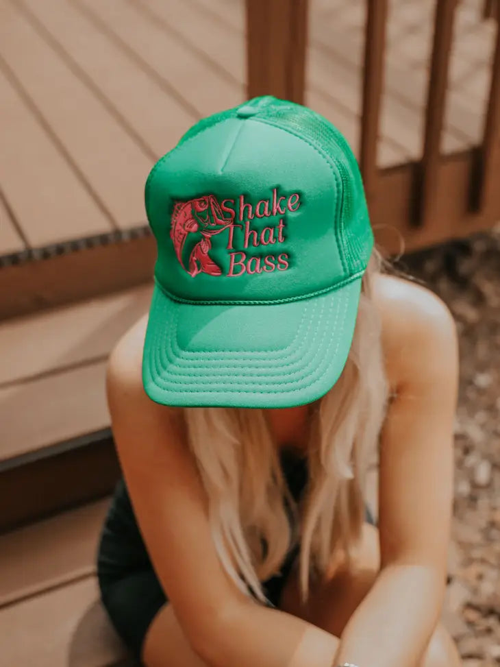 charlie southern shake that bass trucker hat in green and pink