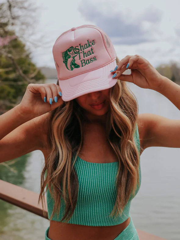 charlie southern shake that bass trucker hat in light pink and green