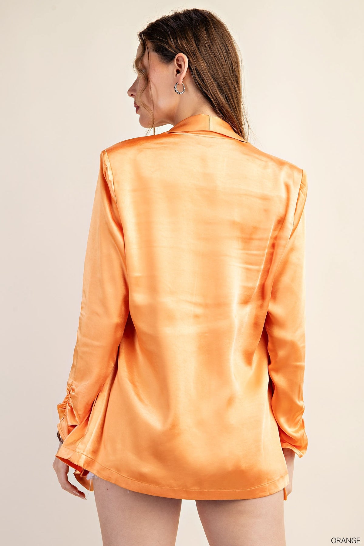 shine soft fabric sleeves cinch open blazer in orange-back