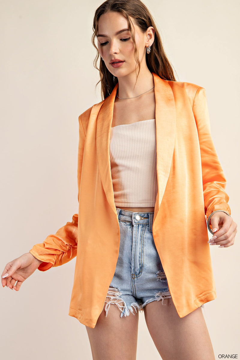 shine soft fabric sleeves cinch open blazer in orange-front
