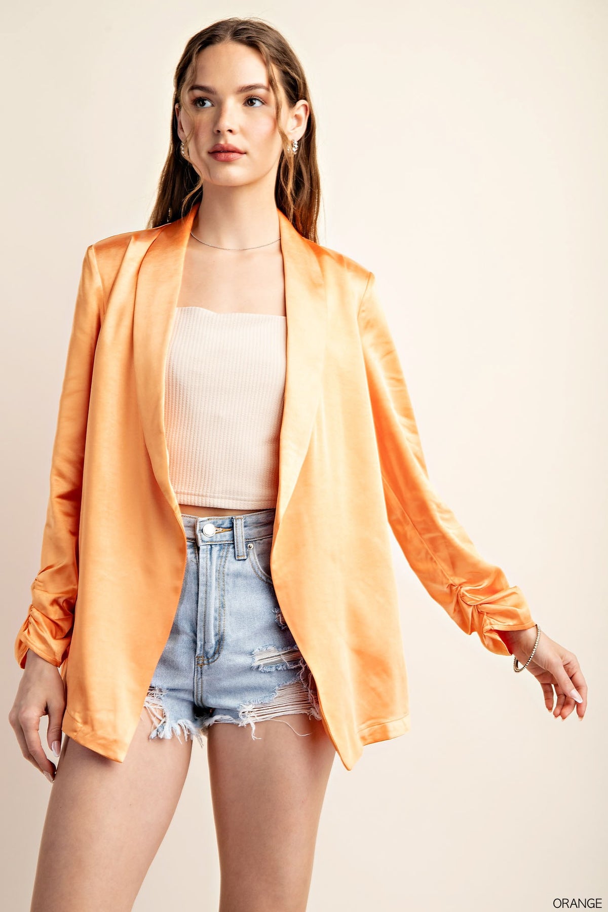 shine soft fabric sleeves cinch open blazer in orange-front