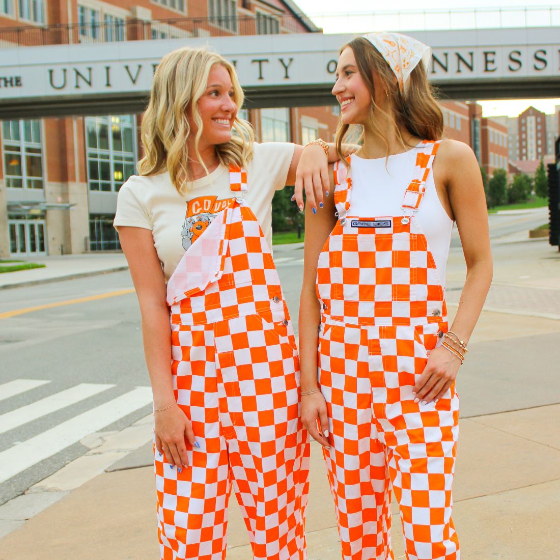 Shop Tennessee Volunteers Gameday New Arrivals at Bliss Knoxville Orange & White Checkerboard Bib Overalls