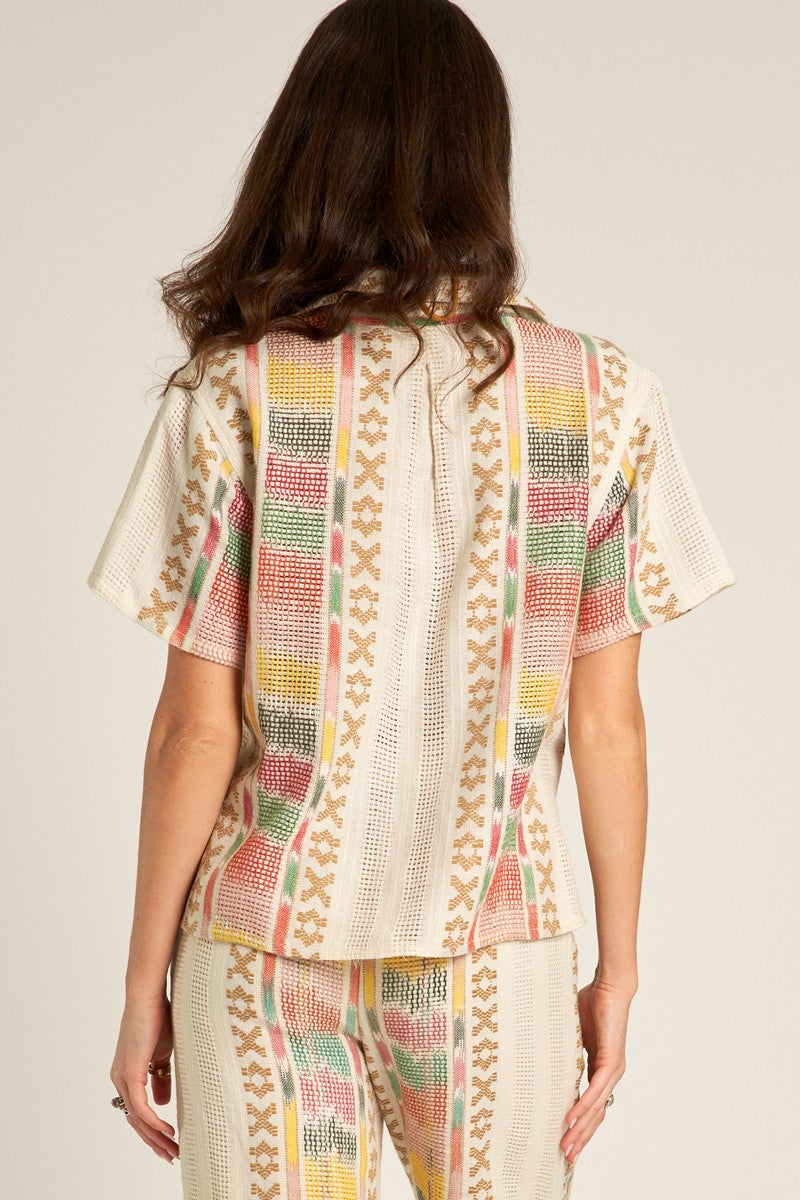 short sleeve embroidered button down shirt in cream multi color-back
