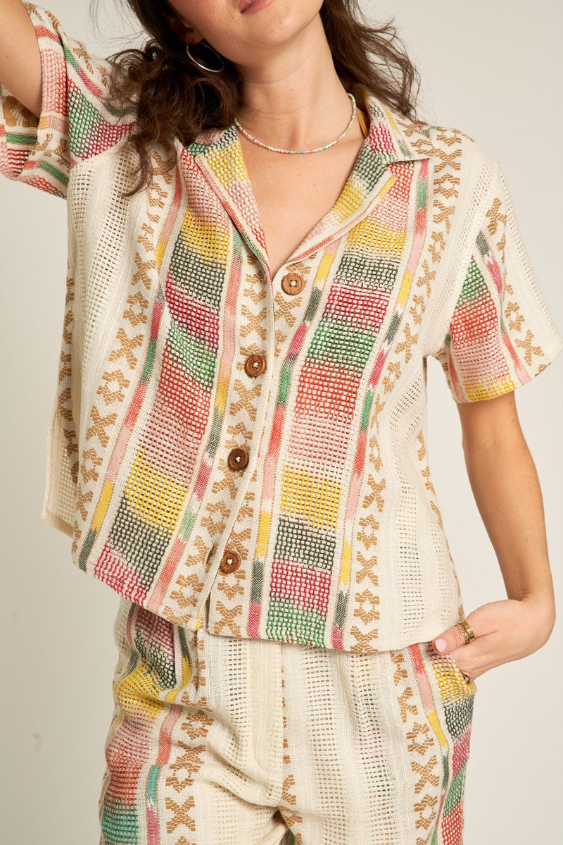 short sleeve embroidered button down shirt in cream multi color-front detail