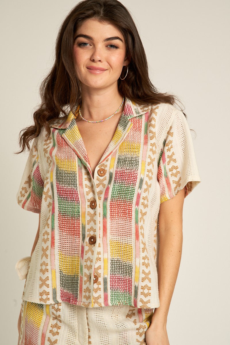 short sleeve embroidered button down shirt in cream multi color-front