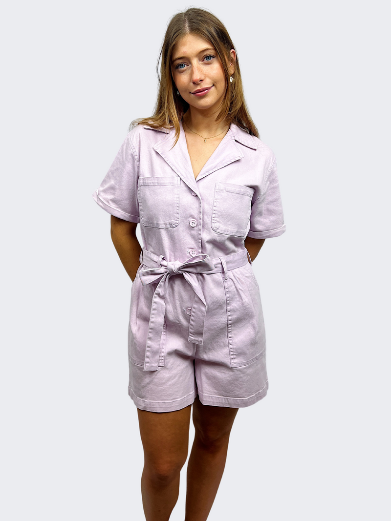 short sleeve utility romper with tie waist in lilac-front view