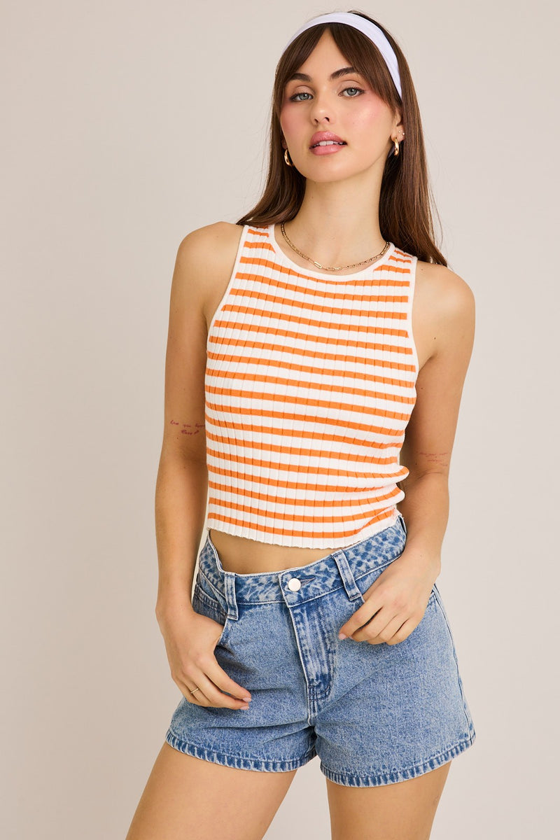 orange and white striped round neck sleeveless rib sweater top