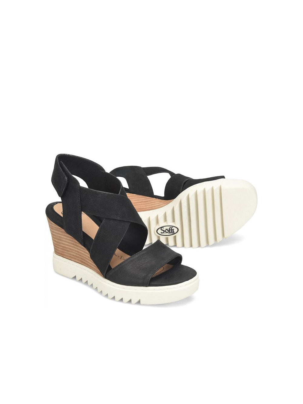 sofft shoes uxley criss-cross wedge heel sandals in black leather
