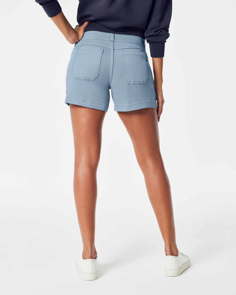 spanx stretch twill shorts 4" in mountain blue-back