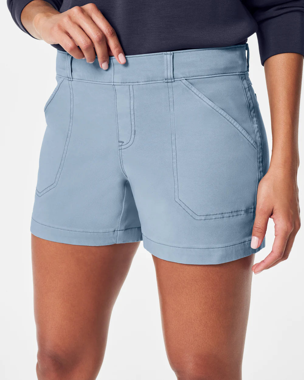 spanx stretch twill shorts 4" in mountain blue-front detail view