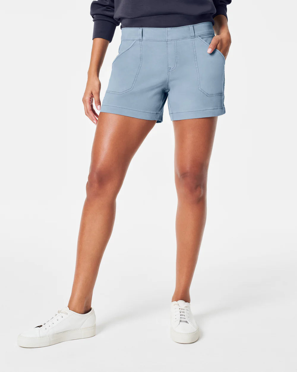 spanx stretch twill shorts 4" in mountain blue-front