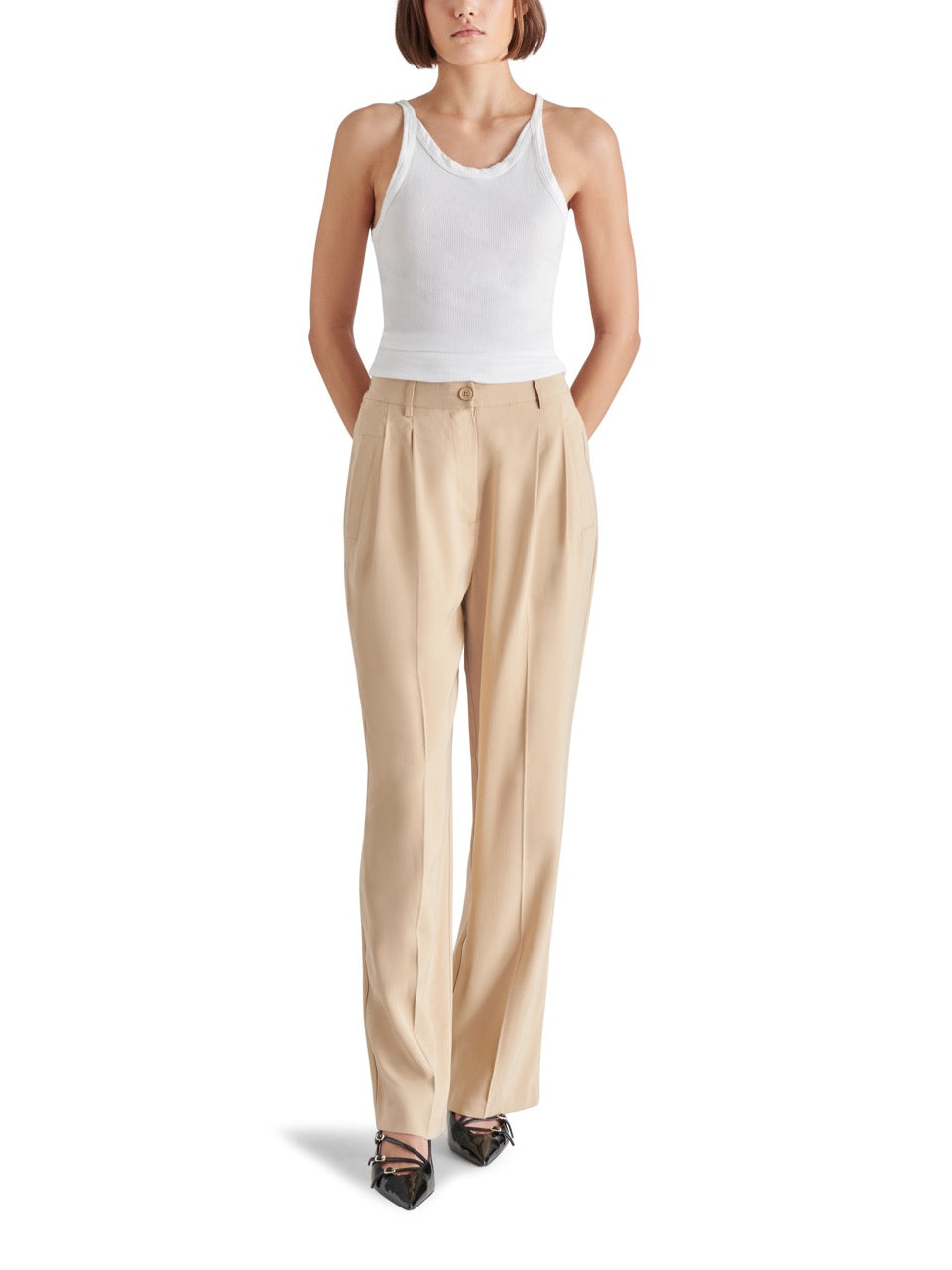 steve madden blaze pants in khaki-front model view