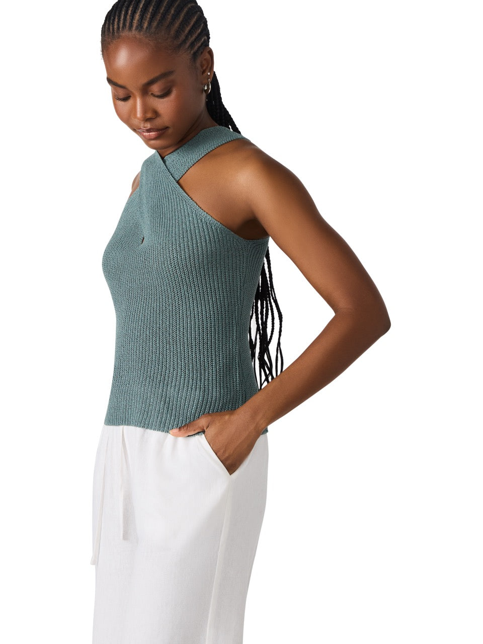 Steve Madden Ellery Crossover Sweater in dusty teal