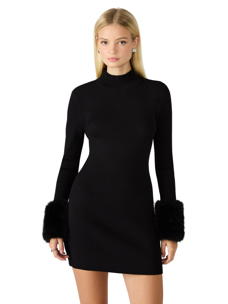 Steve Madden Riello Faux Fur Sleeve Cuff Dress black
