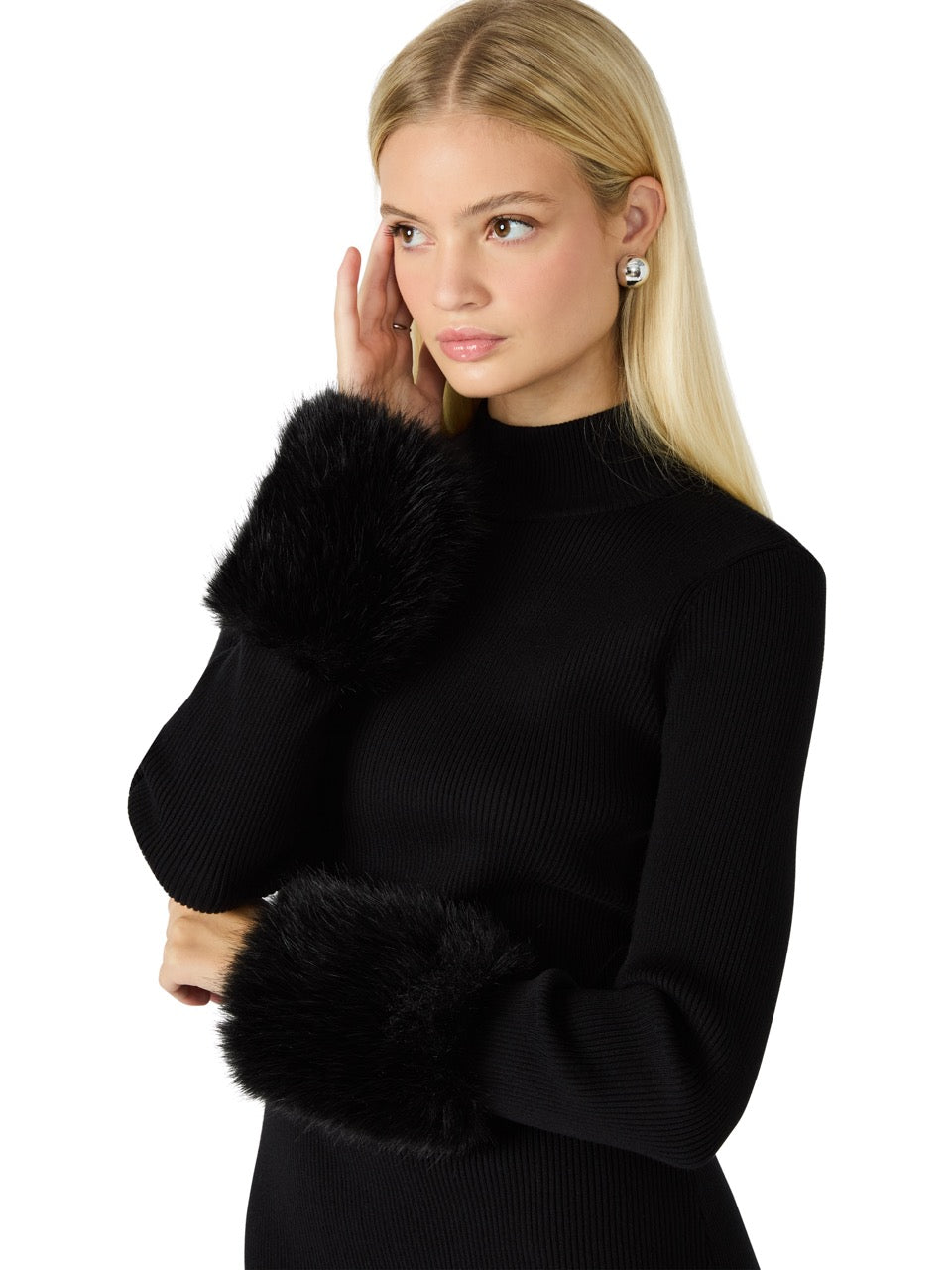 Steve Madden Riello Faux Fur Sleeve Cuff Dress black