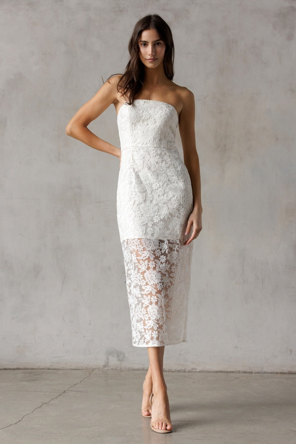 Storia Strapless Sheer Floral Lace Midi Dress Cream