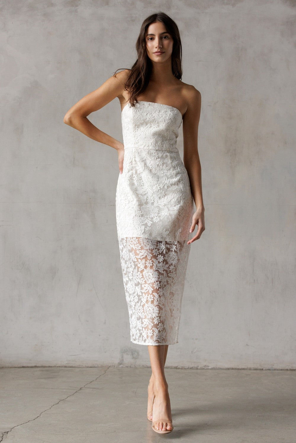 Storia Strapless Sheer Floral Lace Midi Dress Cream