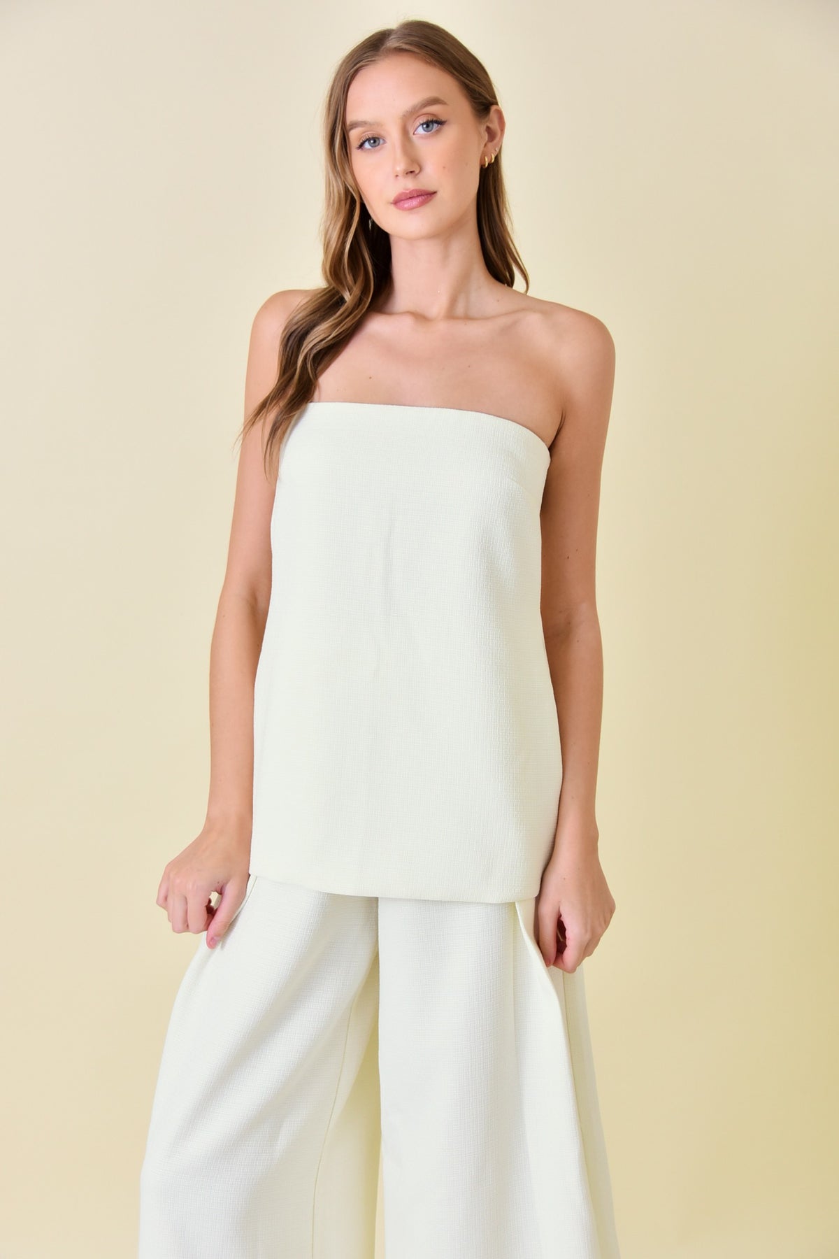 strapless woven side slit top in ivory-front