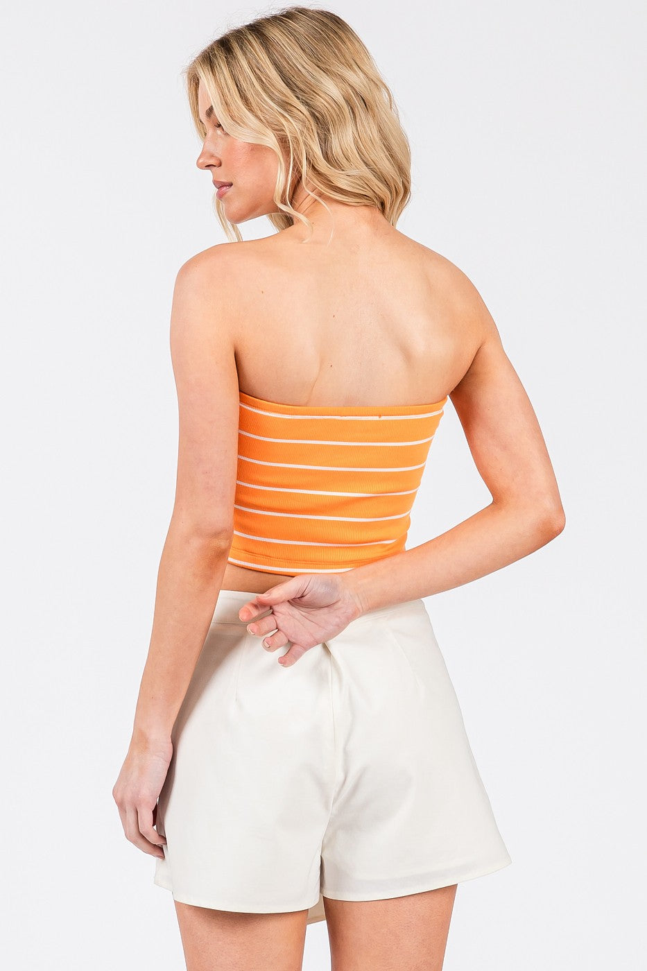 stripe bow shape crop tube top in orange and white