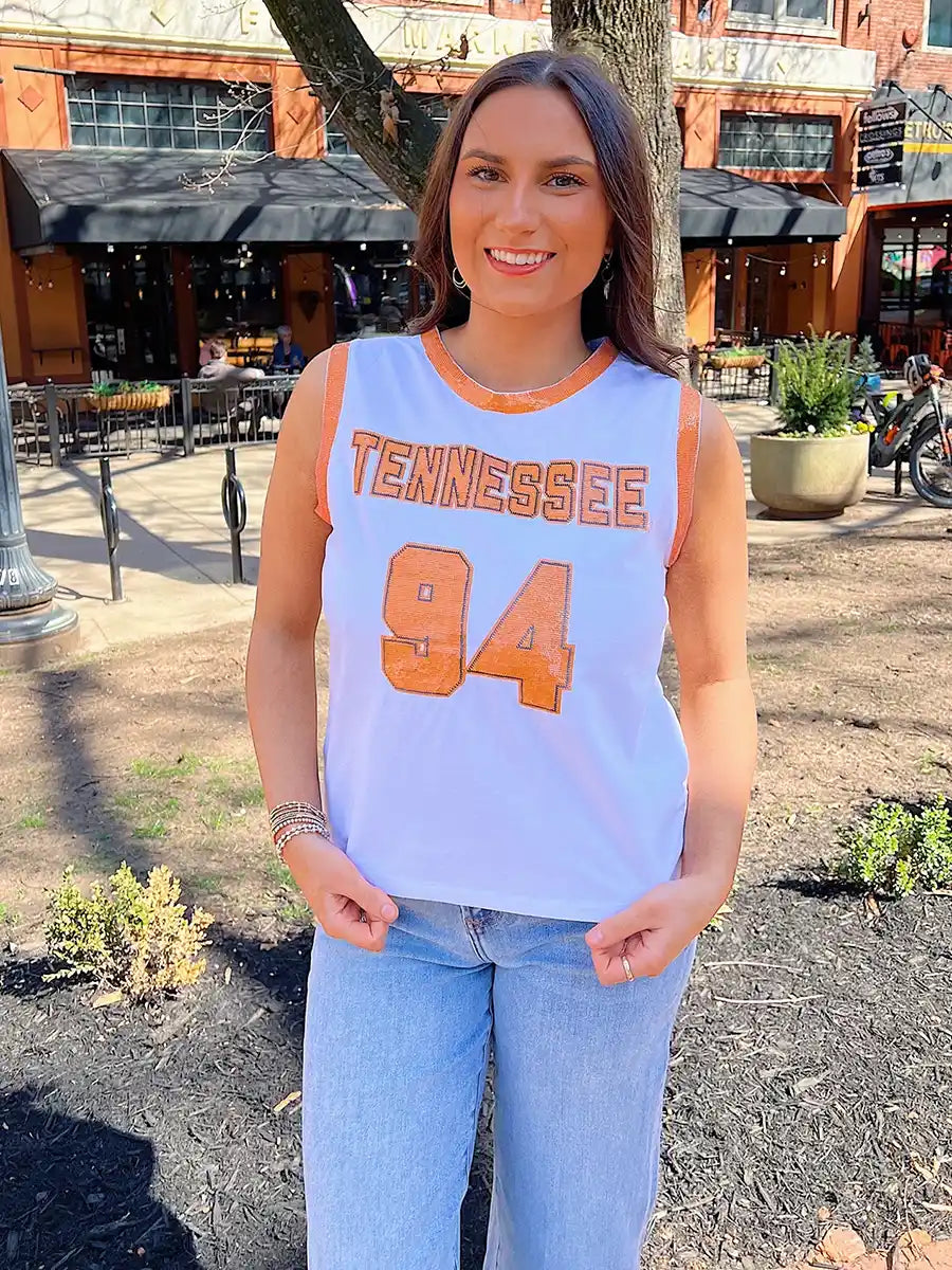 Stewart Simmons Tennessee Sequin Jersey Tank Number 94 Orange & White