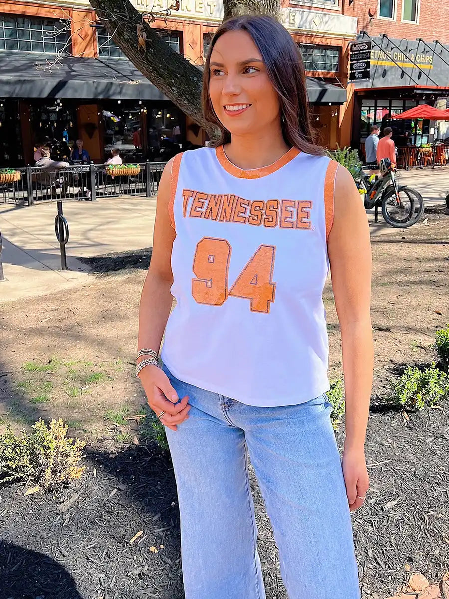 Stewart Simmons Tennessee Sequin Jersey Tank Number 94 Orange & White