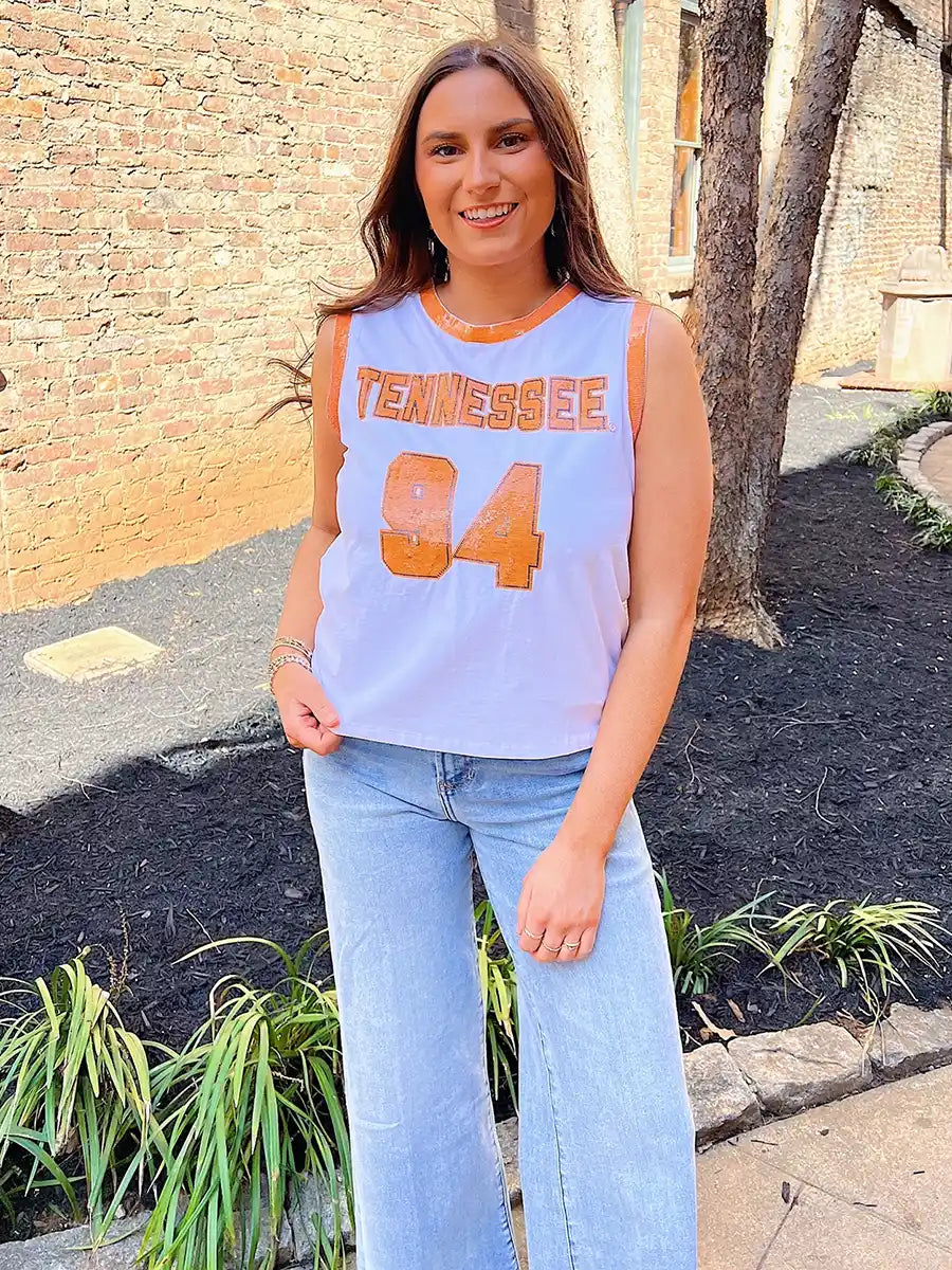 Stewart Simmons Tennessee Sequin Jersey Tank Number 94 Orange & White