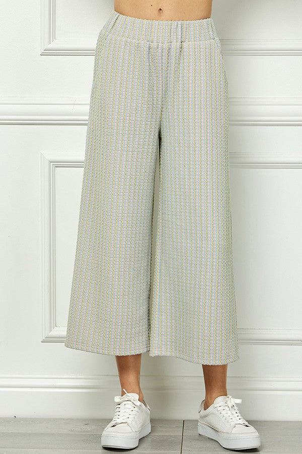 textured cropped wide leg pants in blue-front view