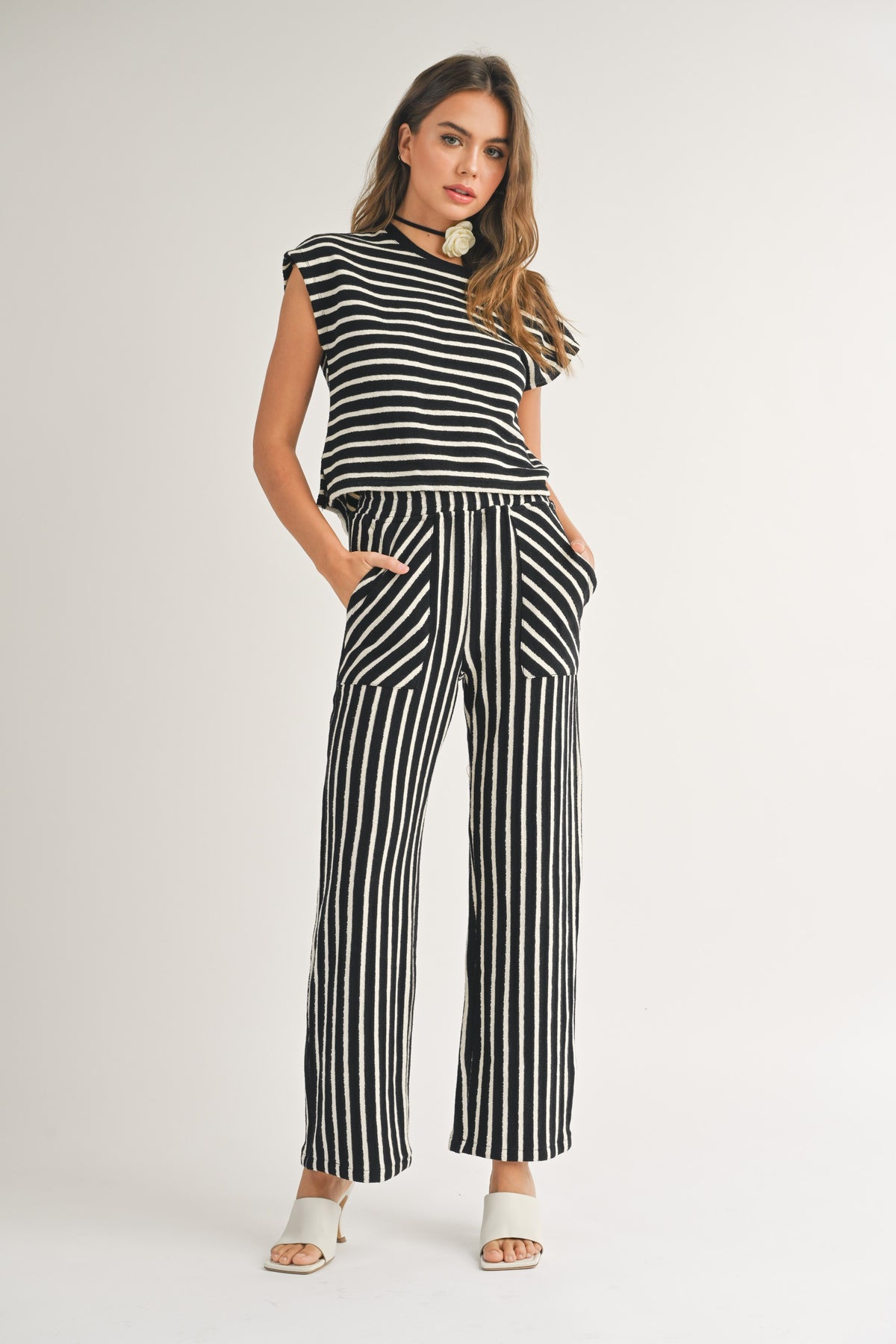 textured stripe knitted pants in black and white-full set view