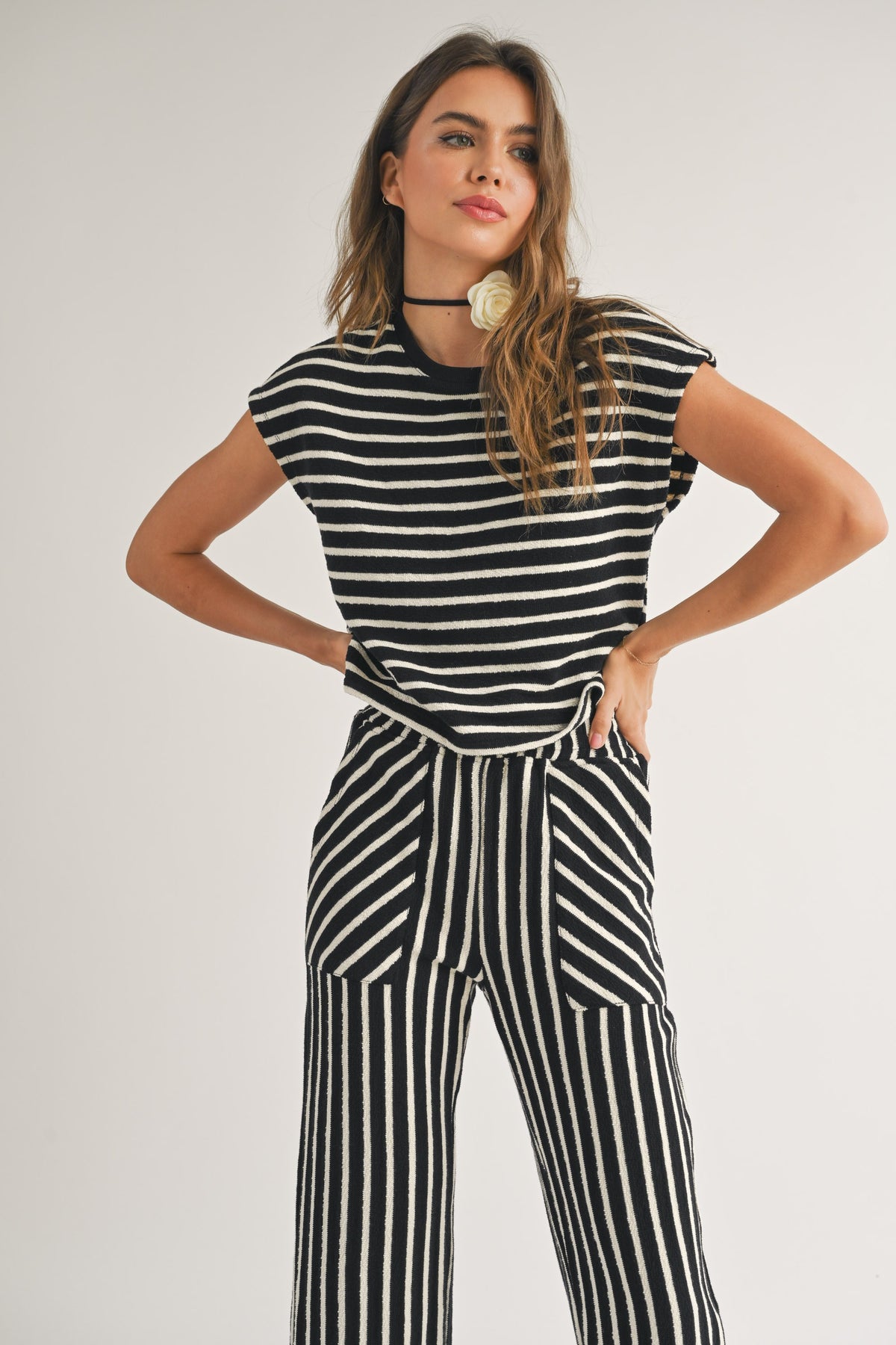 textured stripe knitted top in black and white-front