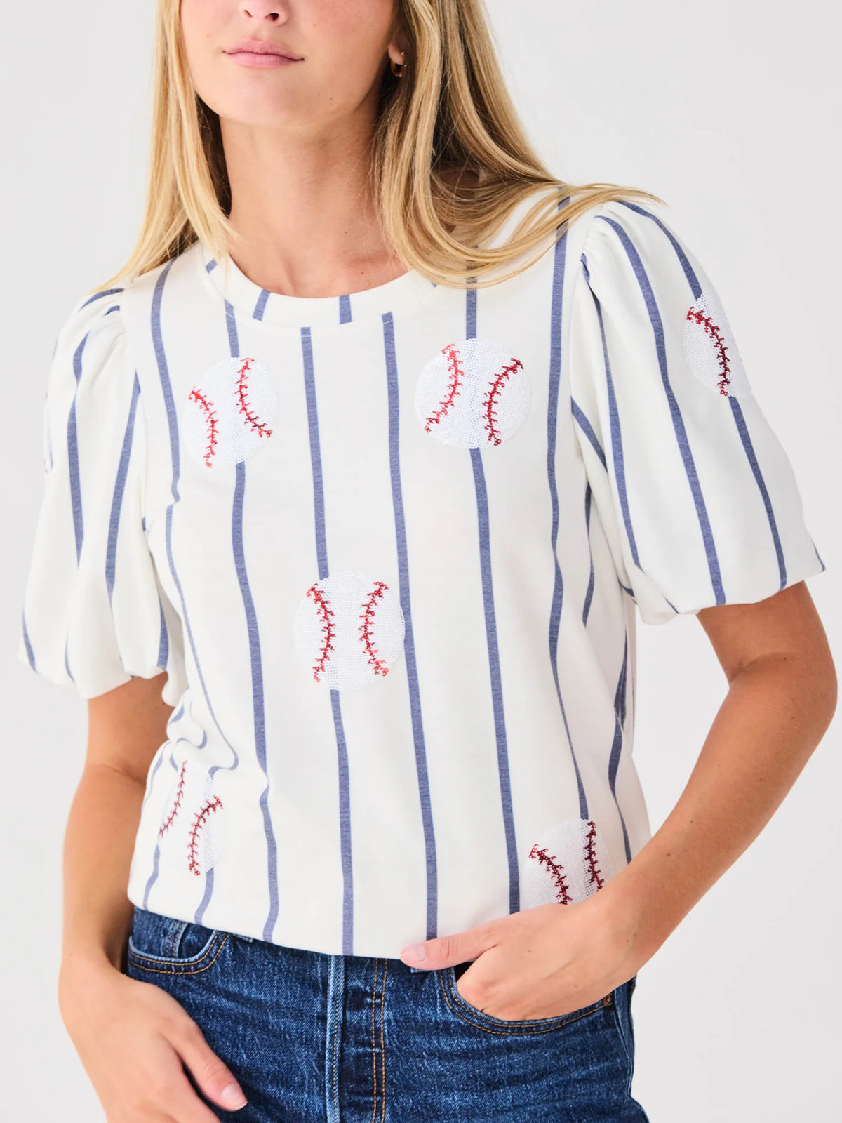 Tina Sequin Puff Sleeve Baseball Top Vols Gameday